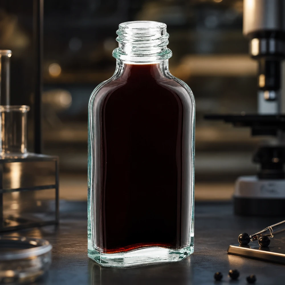 50 ml:n läpinäkyvä Meplat-pullo, jossa on tummanpunainen neste ja DIN22-kierrekorkki