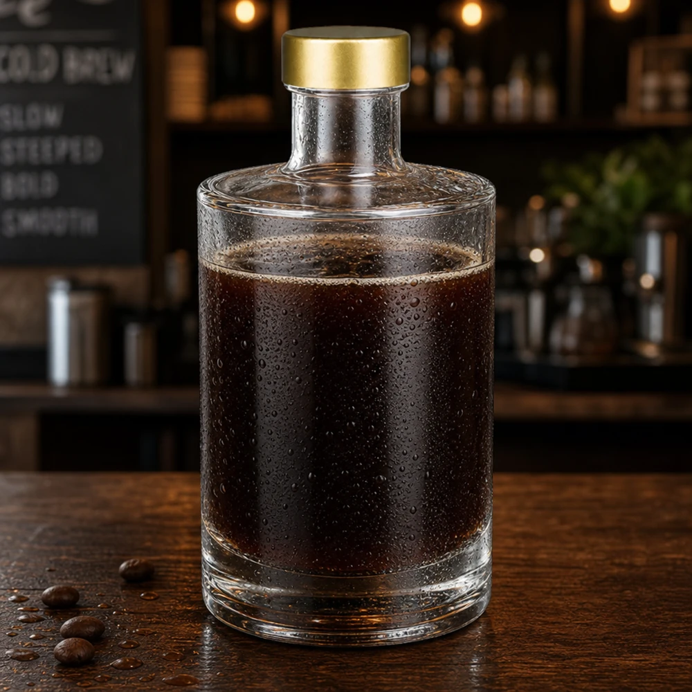 375ml Glasflasche Sam mit Kaffeespezialität gefüllt goldener Schraubverschluss UNiTWIST Café Atmosphäre Kaltgetränk