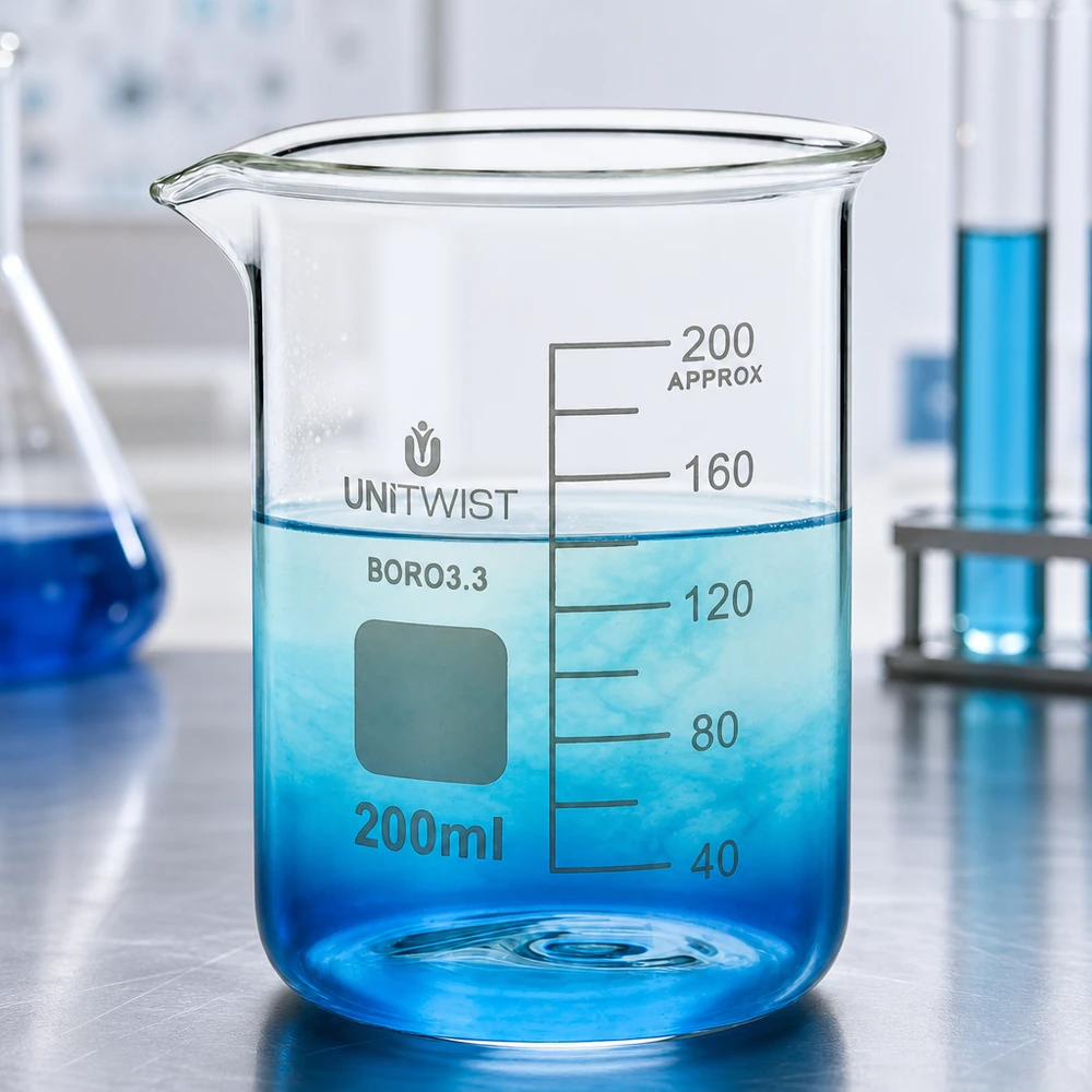 200 ml borosilikaattilasi, matala muotti UNiTWIST Läpinäkyvä 200 ml:n laboratoriomuki, jossa on asteikko 200 ml:aan asti ja borosilikaattilasista (3.3) valmistettu kaatonokka