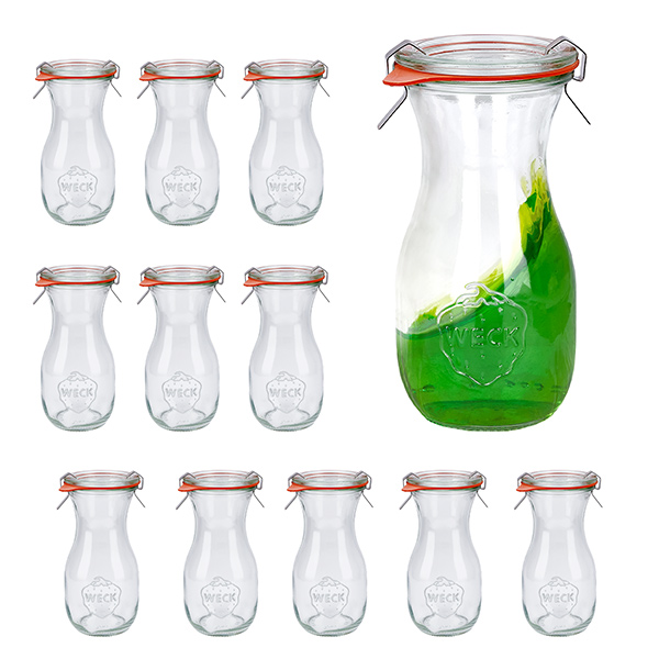 Setti 12 Weck-purkkia 290ml mehupullo, jossa on 12 lasikantta, 1
