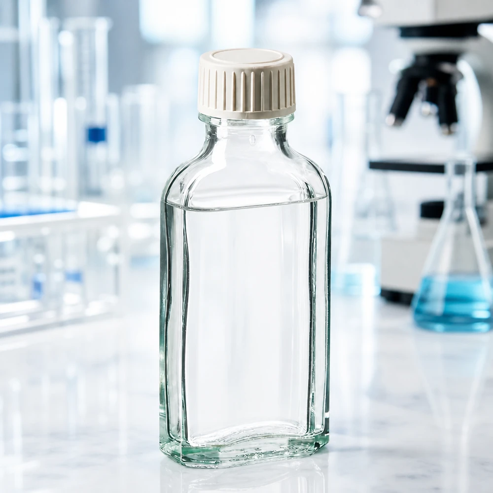 50 ml Meplat kirkas kierrekorkki, jossa on PE-vaahtomuovia sisältävä sisäkkäin Kirkas 50 ml:n Meplat-lasipullo, jossa on valkoinen muovikorkki, laboratoriossa
