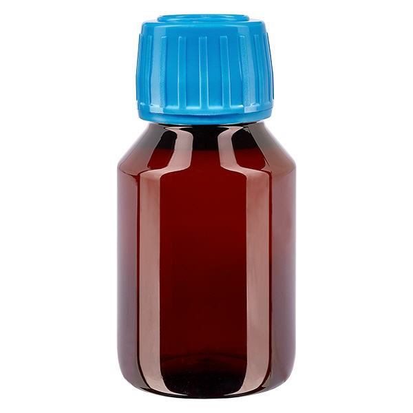 PET-pullo 50ml, sininen korkki, jossa on väärentämisen estävä korkki. PET-pullo 50ml, sininen korkki, jossa on väärentämisen estävä korkki.
