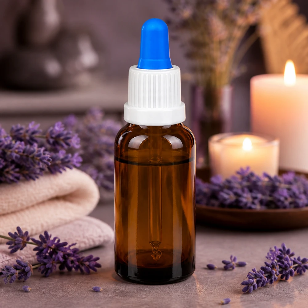 20ml meripihkanvärinen lasipullo sinisellä kärjellä, ihanteellinen eteerisille öljyille ja aromaterapiasovelluksille.