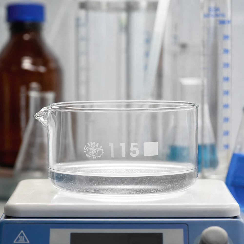 Tyhjä SIMAX-kiteytysastia 500 ml laboratoriossa magneettisekoittimella, borosilikaattilasia, ø115 mm