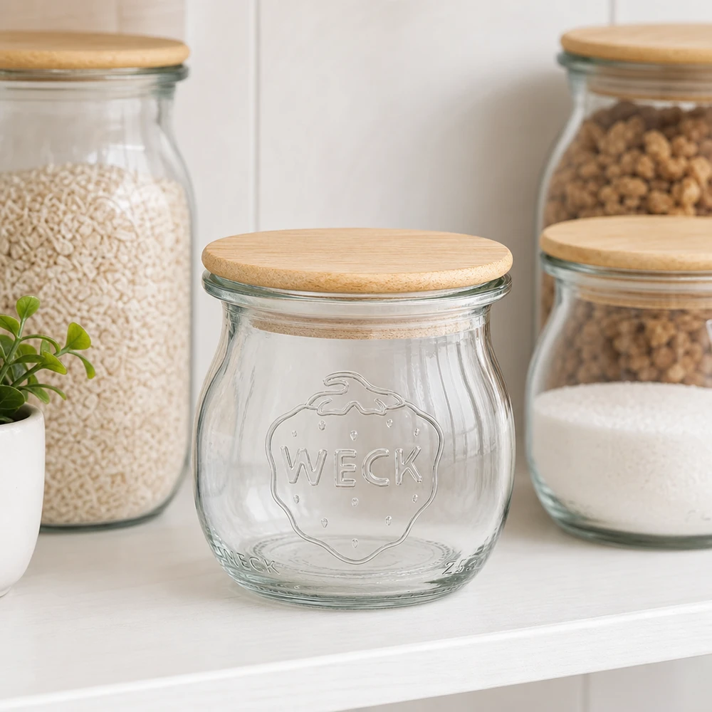 75 ml tulppaanipurkki WECK RR40 puukannella varustettuna WECK tulppaanipurkki 75ml RR40 bambukannella tyylikkäässä keittiön sisustuksessa täytettyjen säilytyspurkkien vieressä.