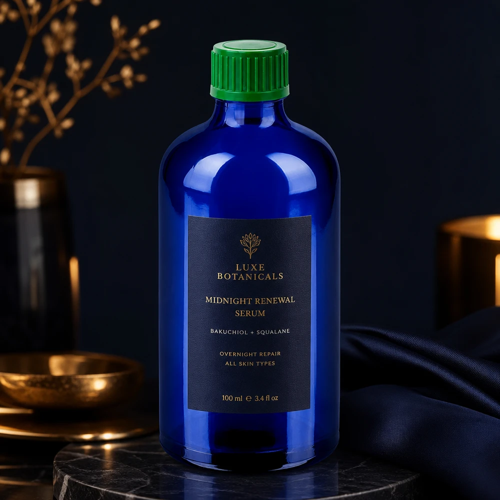 Tukeva sininen lasipullo 100ml, jossa on kestävä vihreä muovikorkki turvallista säilytystä varten.