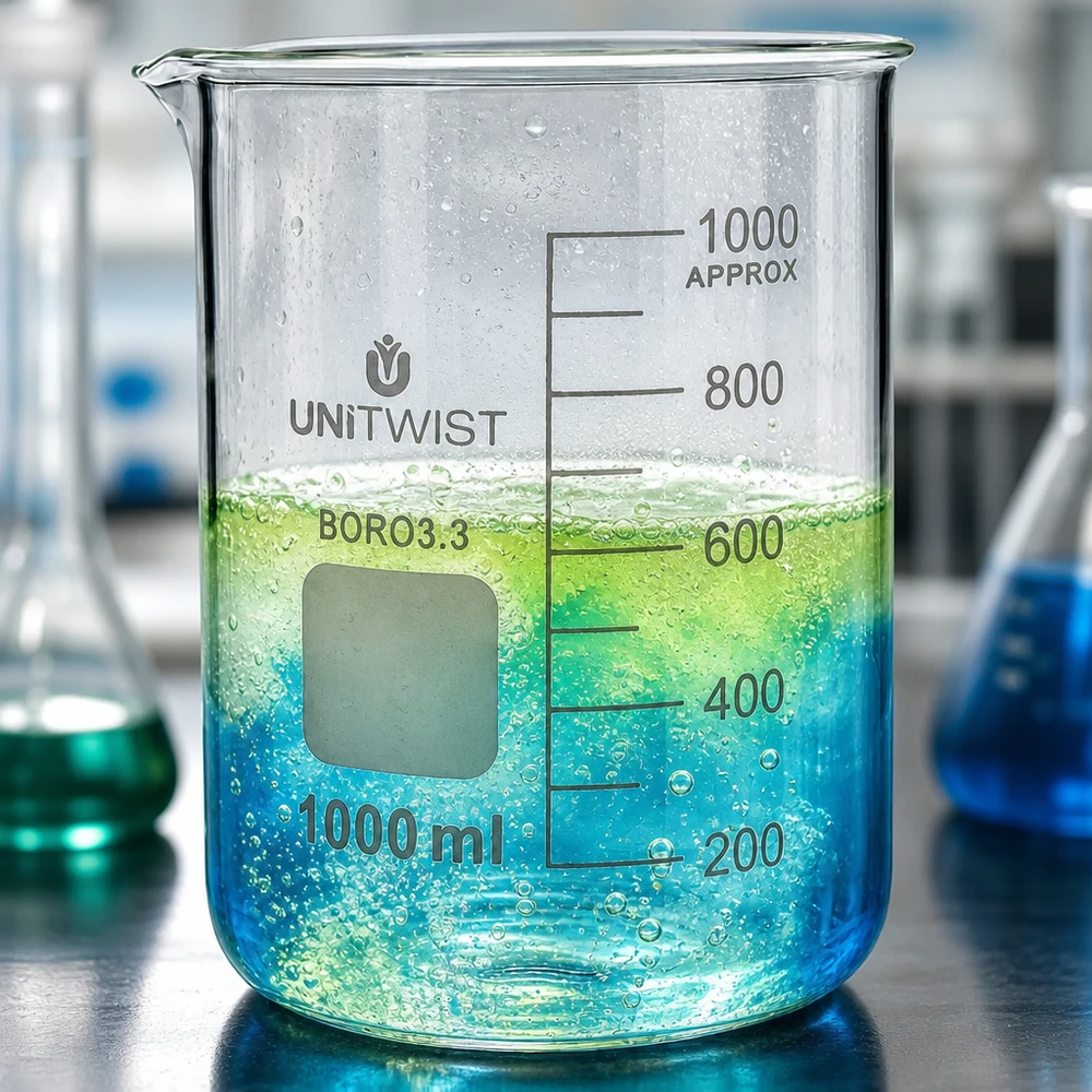 Lasi 1000ml borosilikaatti, matala muotti UNiTWIST UNiTWIST-lasimuki, 1000 ml, borosilikaattilasia, jossa on sinivihreää nestettä ja kuplia laboratoriossa