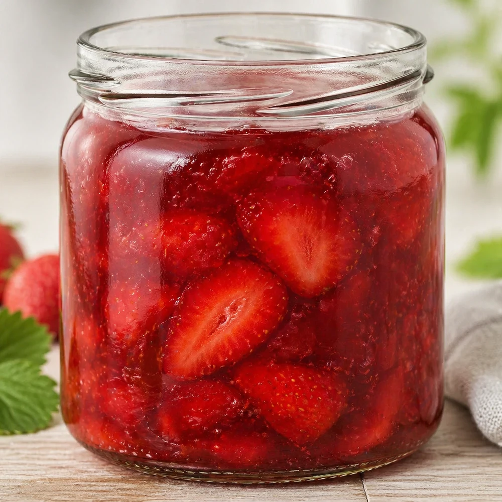 408ml pyöreä purkki ilman kantta (TO82) UNiTWIST UNiTWIST UNiTWIST Runda408 pyöreä 408ml-purkki täynnä kotitekoista mansikkahilloa osoittaa käytännöllisen käytön säilöntäpurkkina.
