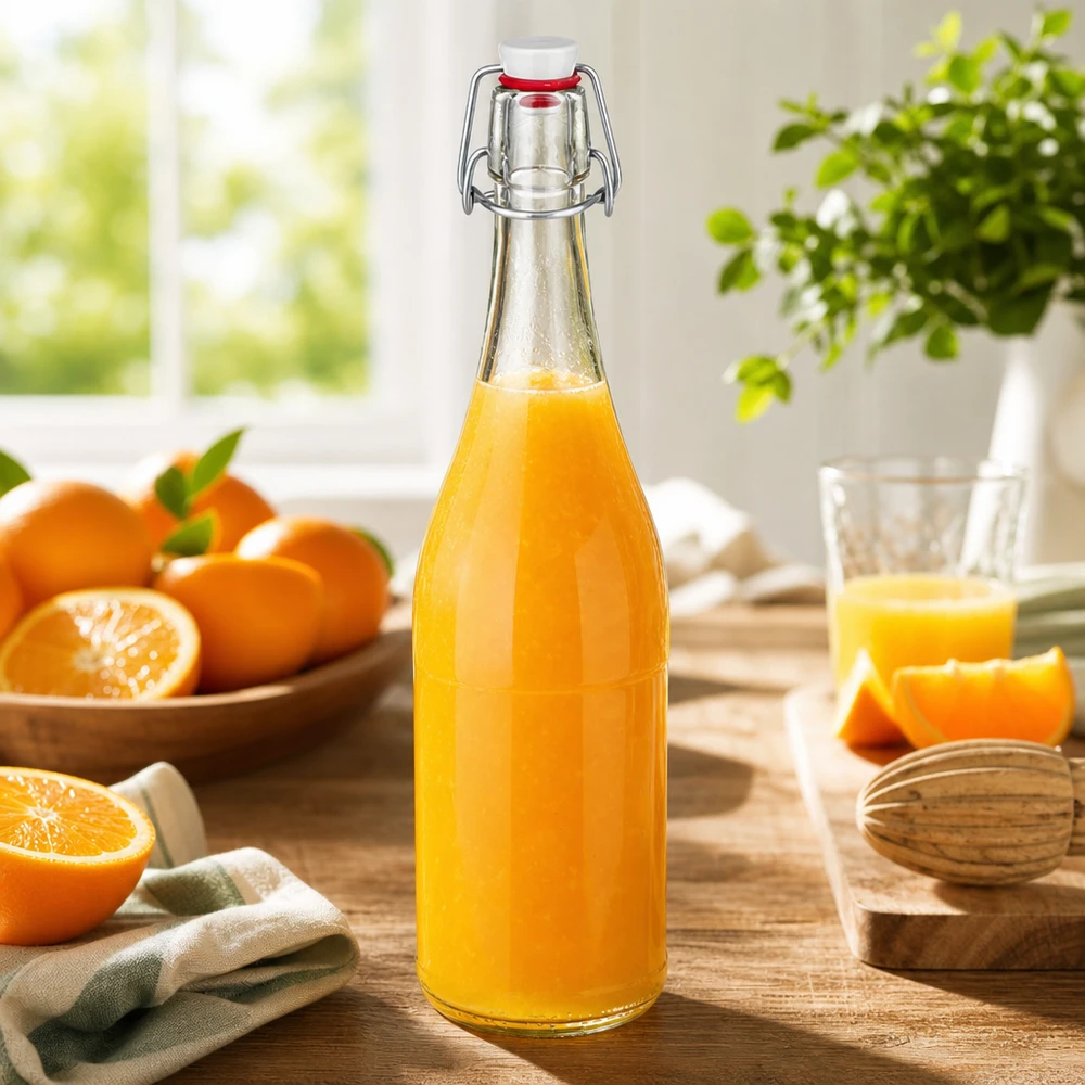 750ml lasipullo + kääntökorkki PVC UNiTWIST 750ml Glasflasche Bügelverschluss mit Orangensaft befüllt Sonnenlicht Frühstückstisch frische Orangen vitaminreich