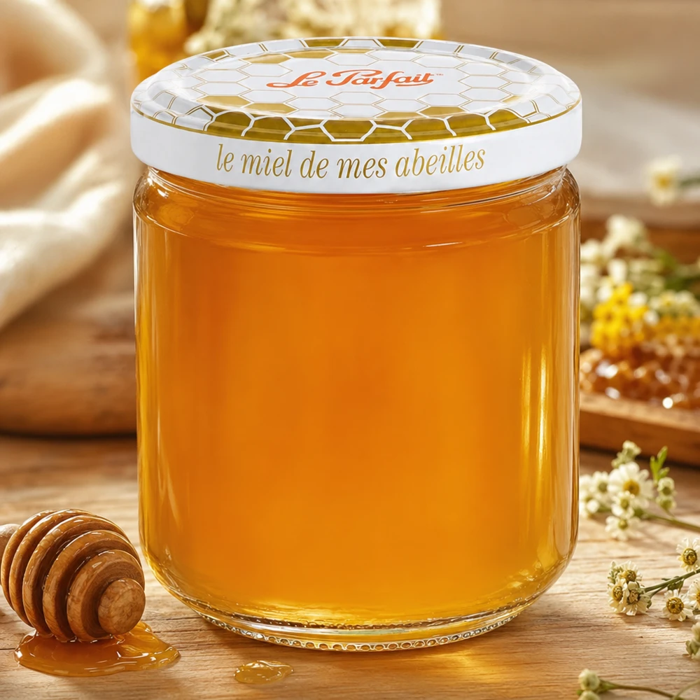 212ml Vorratsglas "Honey" mit Schraubdeckel Le Parfait® Le Parfait 212ml hunaja säilytyspurkki täynnä kultaista hunajaa hunaja lusikan ja kamomillan vieressä puisella pöydällä.