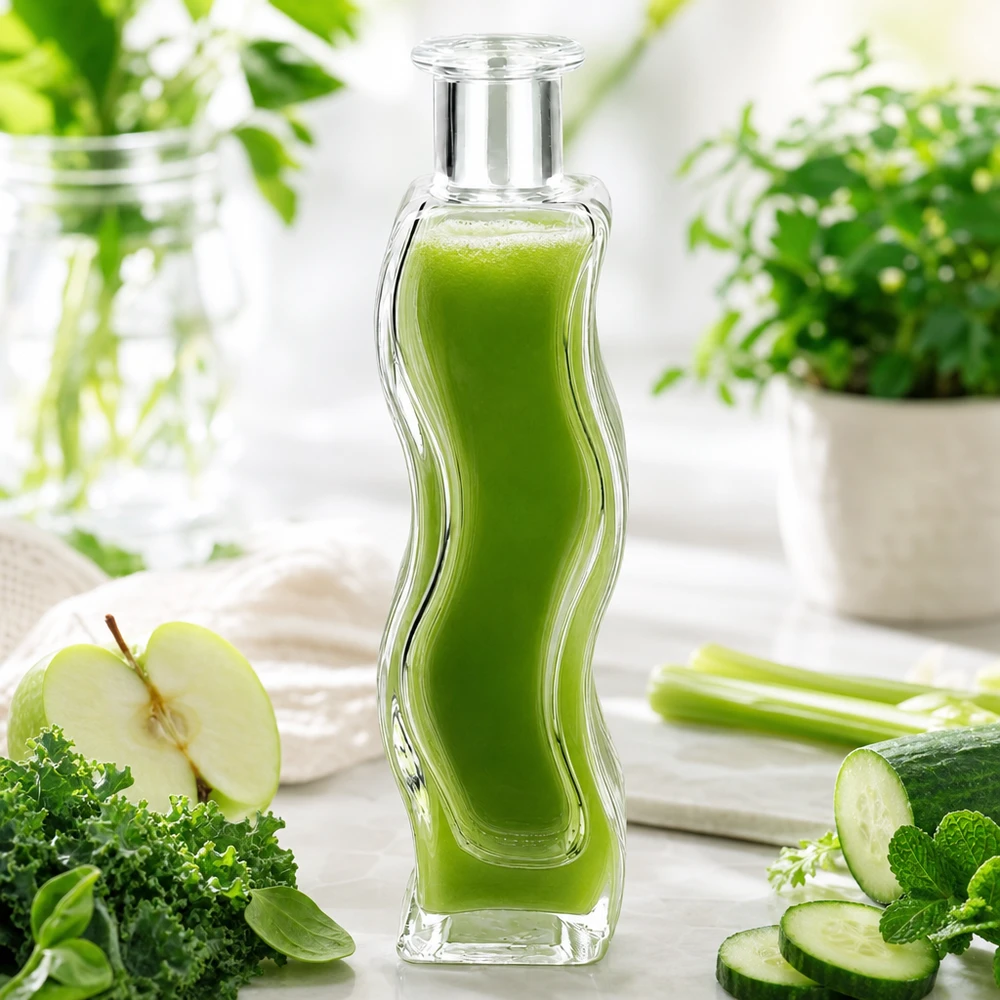 100 ml:n Melissa-lasipullo täynnä vihreää smoothieta vihannesten, omenan, kurkun ja yrttien ympäröimänä valkoisella puupöydällä.