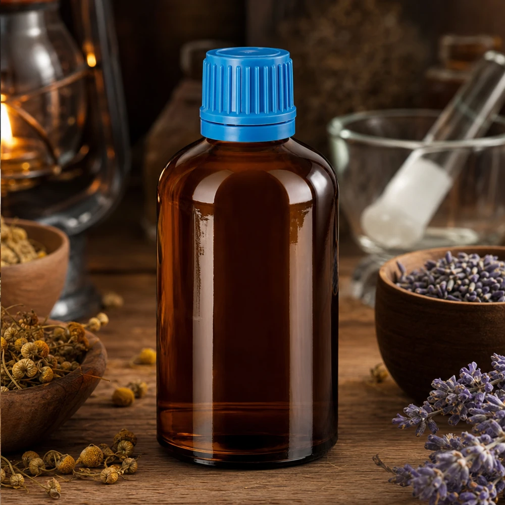 Kompakti 100ml lasipullo BrownLine-sarja, jossa on 11 mm:n sulkimella varustettu sulkulaite apteekkikäyttöön.
