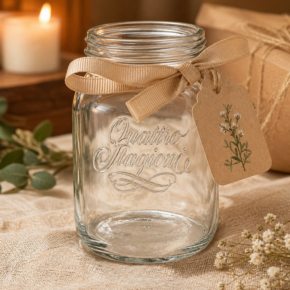2000ml pyöreä purkki "Quattro Stagioni" QS110mm. Elegantes 2000ml Quattro Stagioni Einmachglas mit Schleifenband und Anhänger für Küche und Dekoration