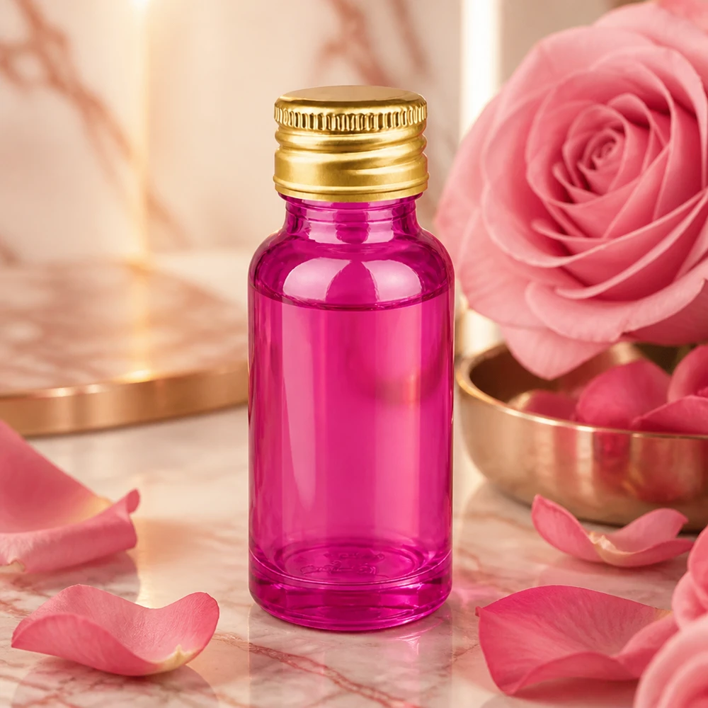 Pieni 20 ml:n pullo, violetti, kultainen alumiinikorkki, ihanteellinen kosmetiikkaan ja hajuvesiin.