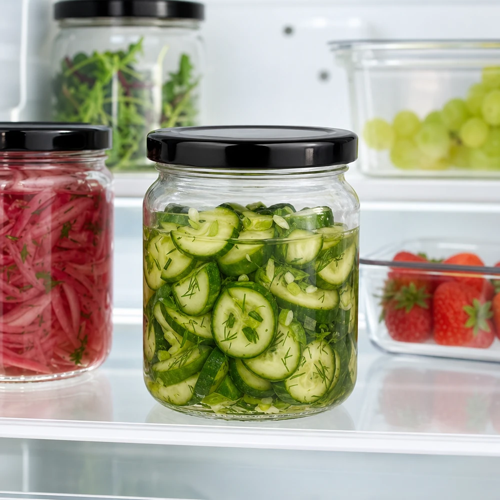 53ml pyöreä purkki, jossa on BasicSeal-kansi musta UNiTWIST 53ml Rundglas mit schwarzem Deckel gefüllt mit eingelegten Gurken im Kühlschrank frische Konservierung Pickles