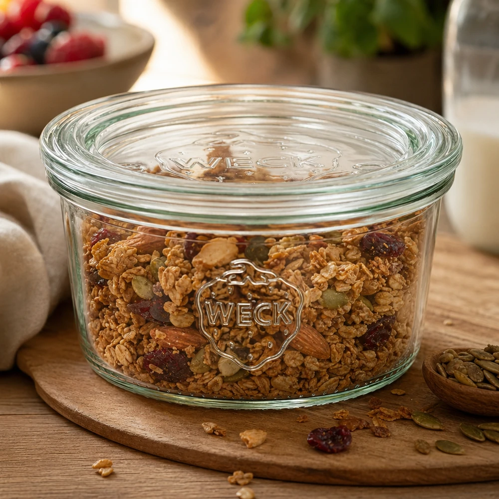 WECK 165ml RR80 muurinpohjapurkki täynnä mysliä ja kuivattuja hedelmiä pyöreällä puulautalla täydelliseen säilytykseen.