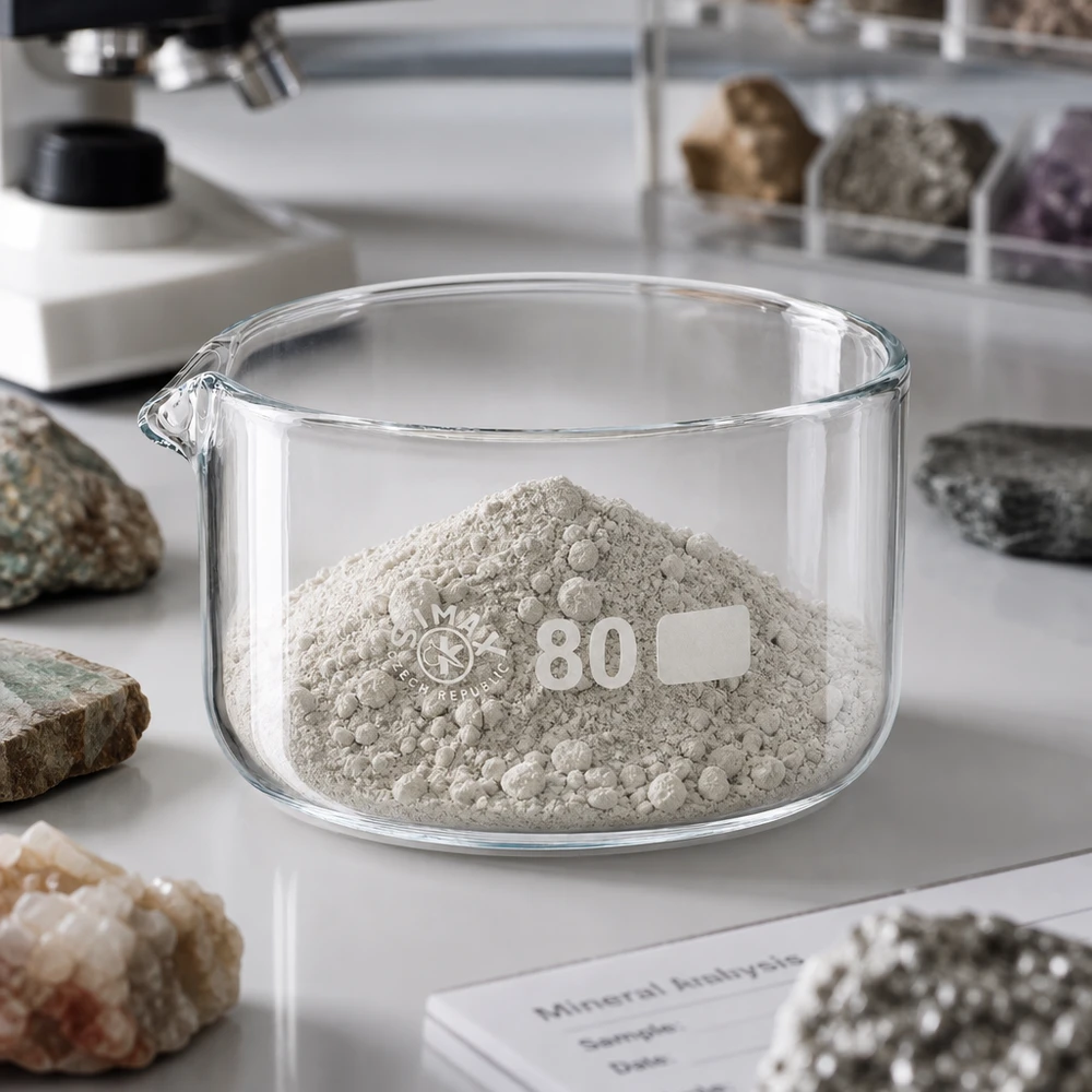 150ml kiteytysmalja, jossa on suulake borosilikaatti ø80mm 150 ml:n kiteytysastia, jossa on harmaata mineraalijauhetta, valkoisella laboratoriopinnalla, jota ympäröivät ø80 mm:n kivinäytteet