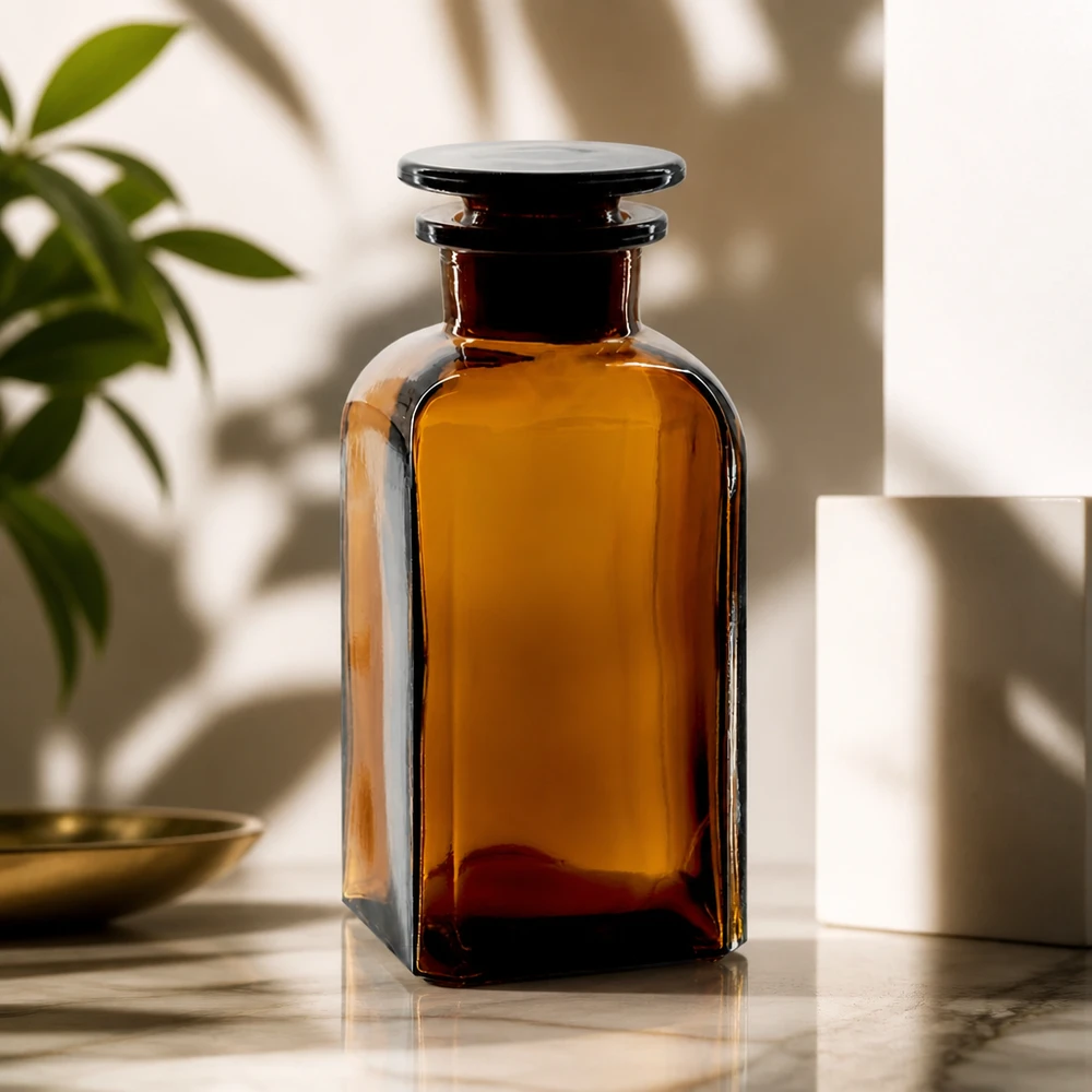 Nelikulmainen pullo 350ml ruskea leveäkaulainen lasitulppa Ruskea neliömäinen pullo, 350 ml, leveä kaula ja lasikorkki, marmorialustalla