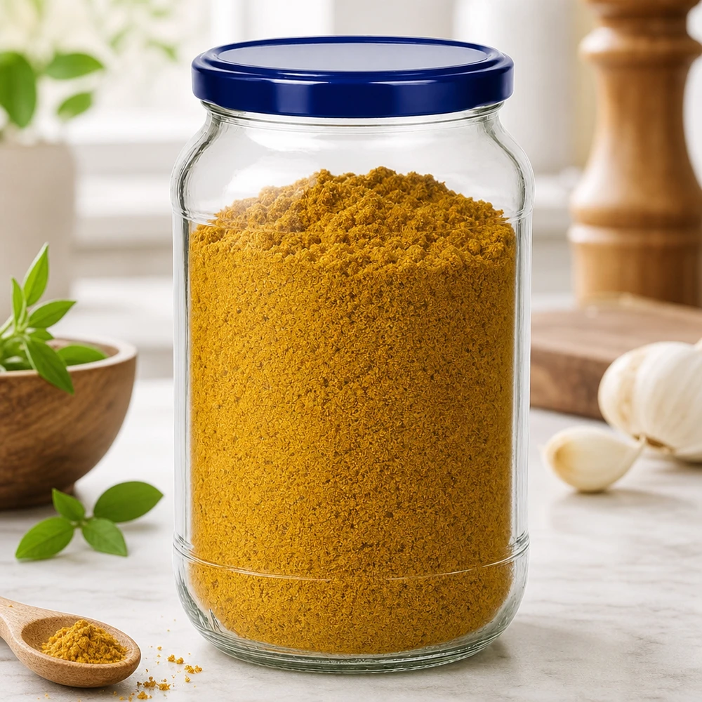 1062ml pyöreä purkki BasicSeal kansi sininen UNiTWIST täynnä currymaustejauhetta Keittiö kohtaus maustepurkki