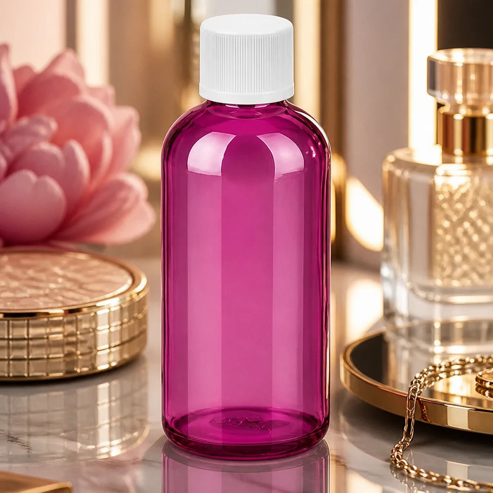 Laadukas muovipullo 100ml violetti UT18-kierteellä ammattikäyttöön tarkoitettu kosmetiikkatuotteille.