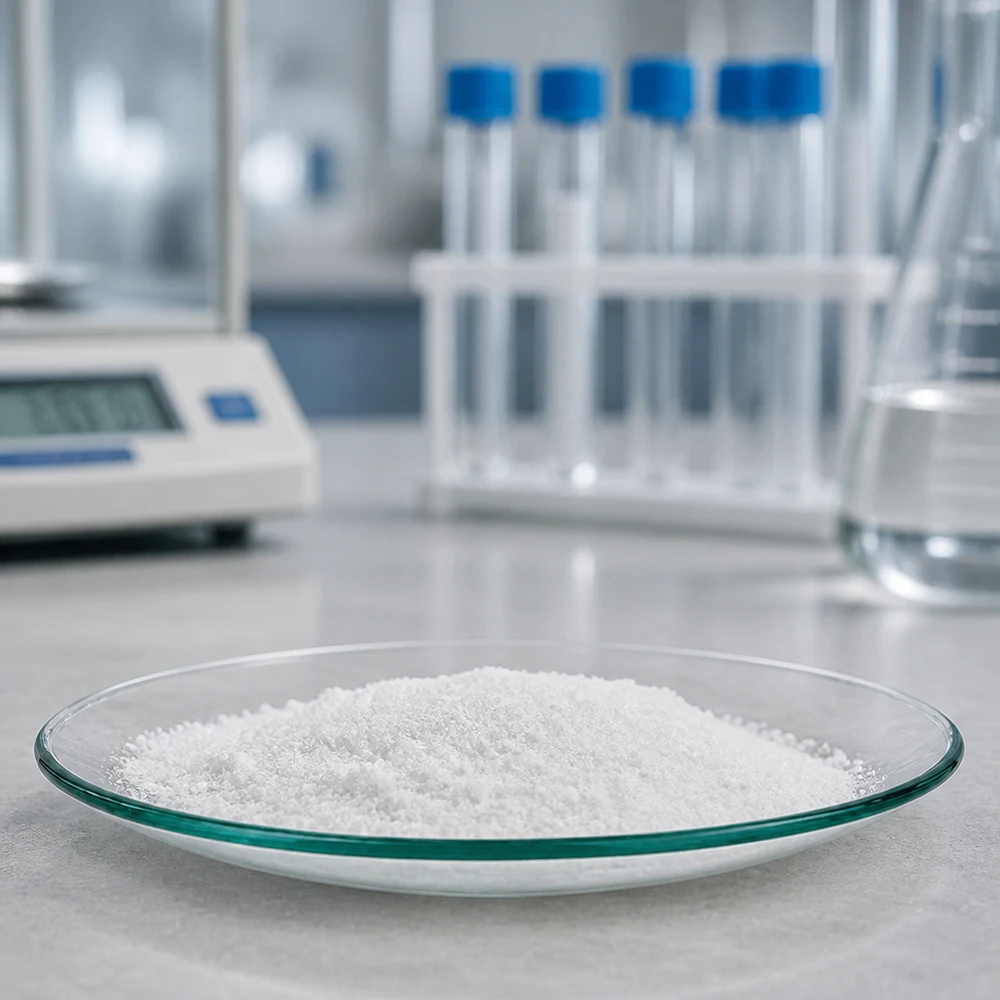 Kellolasiastia ø90 mm Kello lasiastia Ø 90 mm, jossa on valkoista jauhetta steriilissä laboratorioympäristössä, taustalla laboratoriolaitteita.