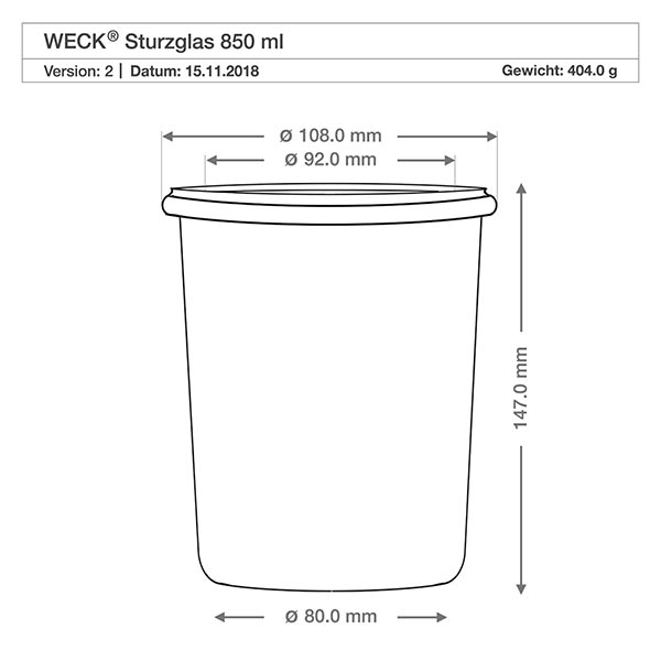 850ml juomapullot WECK RR100 puupallolla pyökki WECK tumblers 850ml RR100 tekninen piirustus mitat mitat 108mm halkaisija 147mm korkeus tuoteseloste