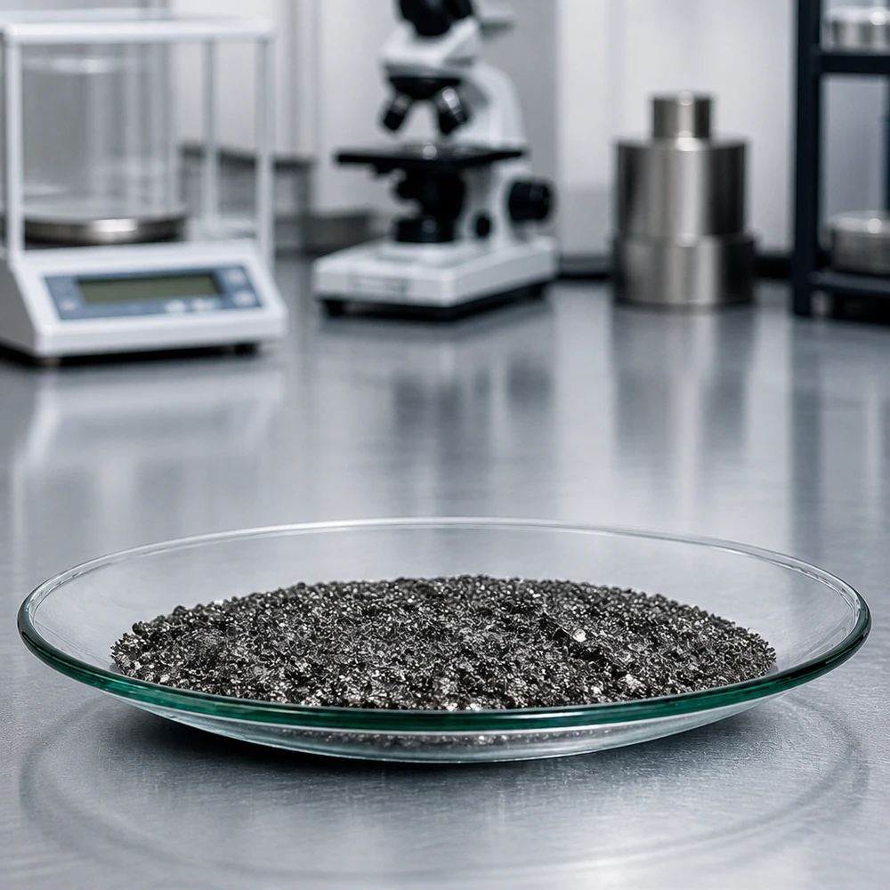 110 mm:n kellolasiastia, jossa on tumma näytemateriaali heijastavalla ruostumattomasta teräksestä valmistetulla laboratoriopinnalla.