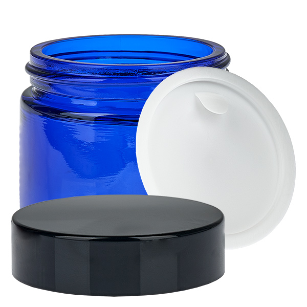 Lasipurkki 60ml sininen, jossa on UNiTWIST-sisäkansi. Lasipurkki 60ml sininen, jossa on UNiTWIST-sisäkansi.