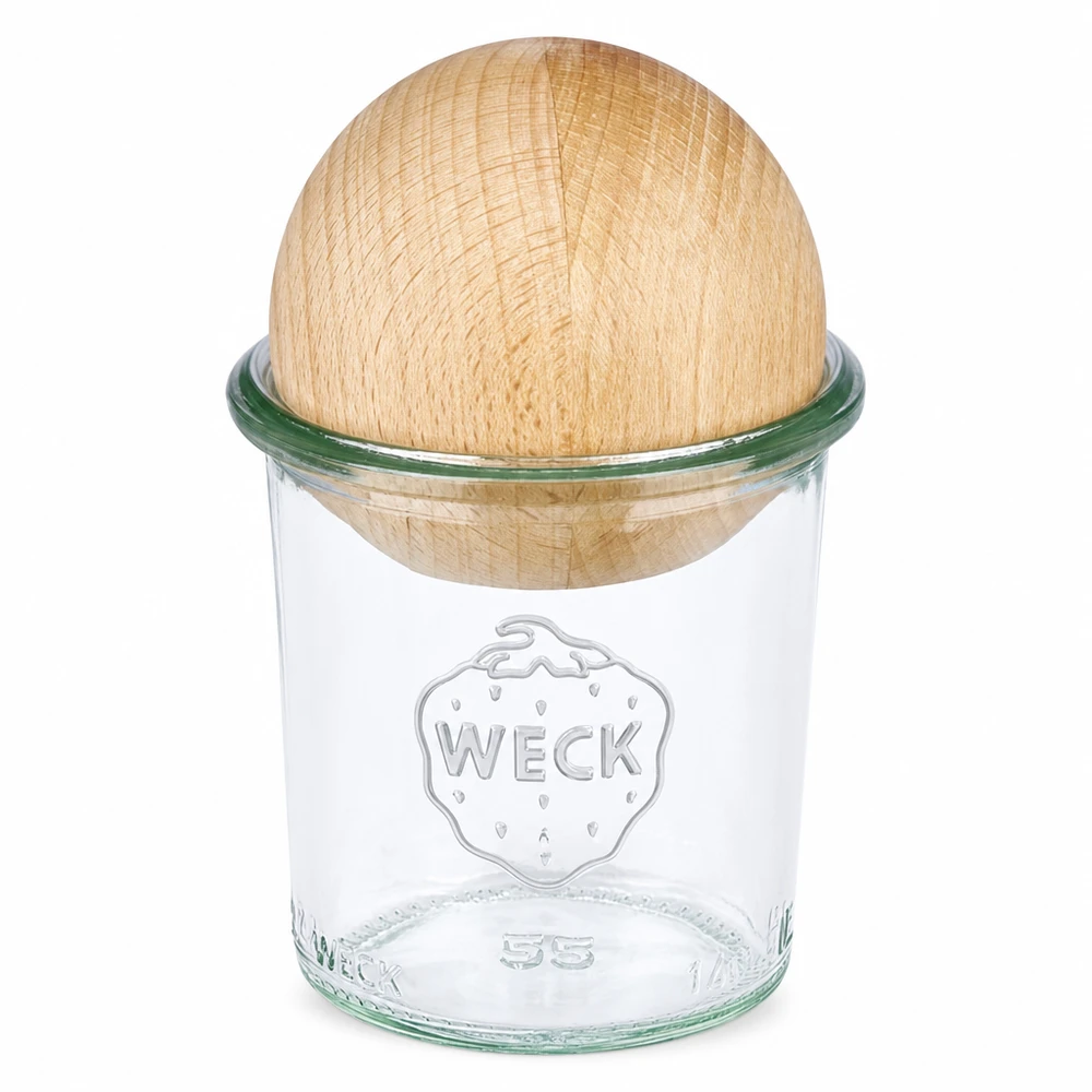 140ml juomalasit WECK RR60 puupallolla pyökki WECK 140ml RR60 muuripurkki, jossa on puinen pyökkikansi säilytykseen ja säilöntään.