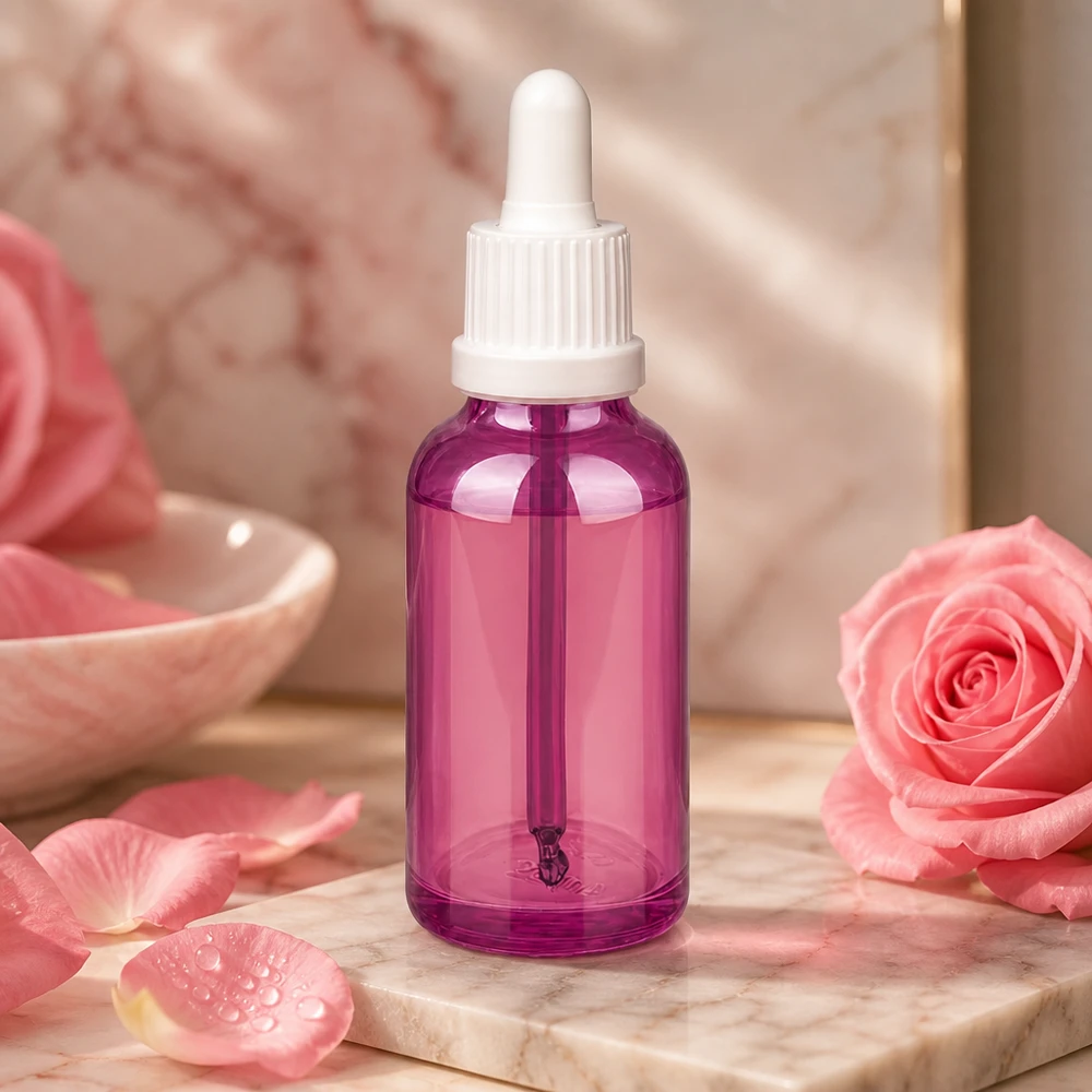 30ml pipettipullo valkoinen omaperäinen ruuvikorkki PurpleLine UT18/30 30ml pipettipullo tyylikkäässä violetissa värissä, jossa on käytännöllinen tippakorkki kosmetiikkaan.