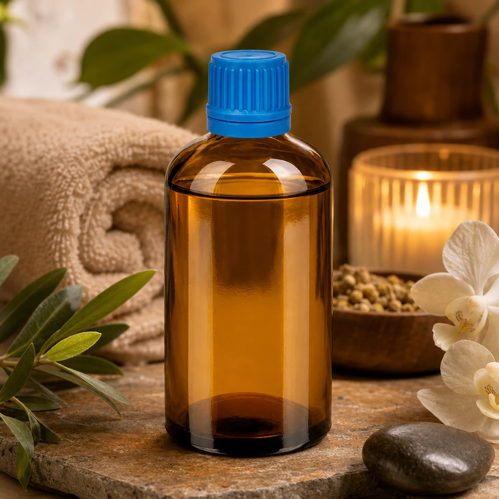 Korkealaatuinen 100ml ruskea lasipullo, jossa sininen korkki kosmetiikkaan ja hyvinvointiin.