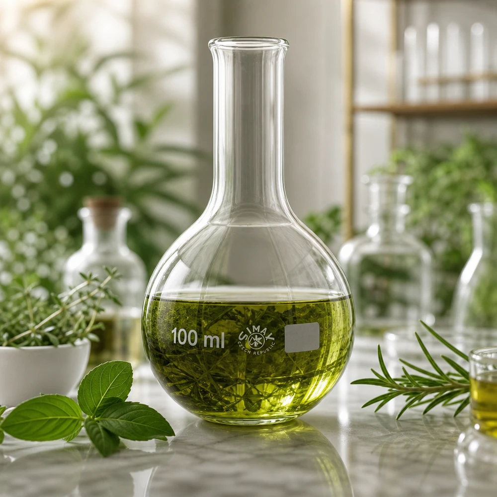 Lantiopullo 100ml, jossa on vihreää nestettä ja kasviuutetta kasvitieteellisiin laboratoriokokeisiin.