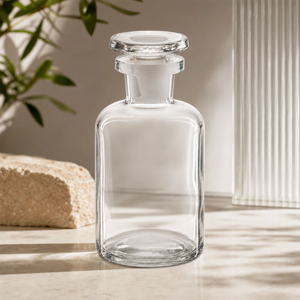 Pyöreä olkapääpullo 50ml kirkas kapeakaulainen lasitulppa Läpinäkyvä, kapeakaulainen lasipullo, 50 ml, pyöreällä lasitulpalla ja pyöreillä olkapäillä