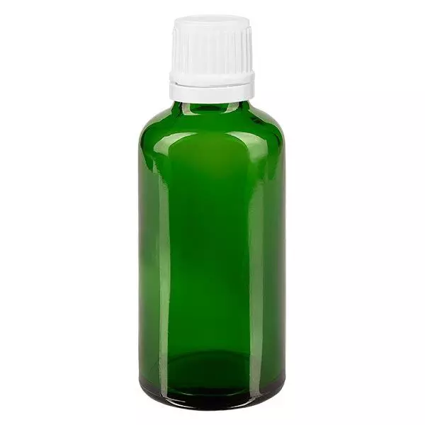 Apteekkipullo vihreä 50ml ruuvikorkki valkoinen peukaloinnin estävä suljin Apteekkipullo vihreä 50ml ruuvikorkki valkoinen peukaloinnin estävä suljin