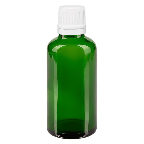 Apteekkipullo vihreä 50ml ruuvikorkki valkoinen peukaloinnin estävä suljin Apteekkipullo vihreä 50ml ruuvikorkki valkoinen peukaloinnin estävä suljin