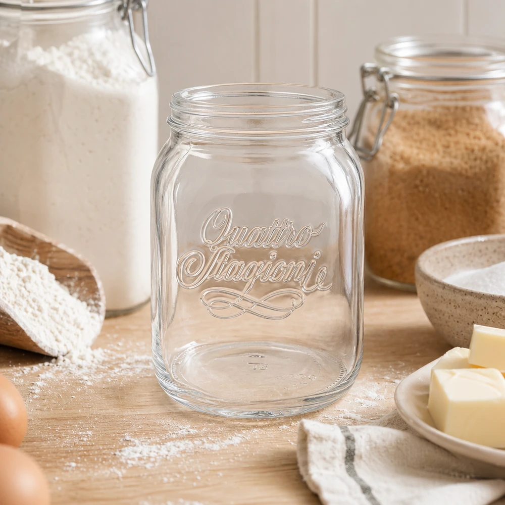 Quattro Stagioni 2000ml Vorratsglas in Küche mit Mehl und Küchenutensilien für stilvolle Lebensmittelaufbewahrung