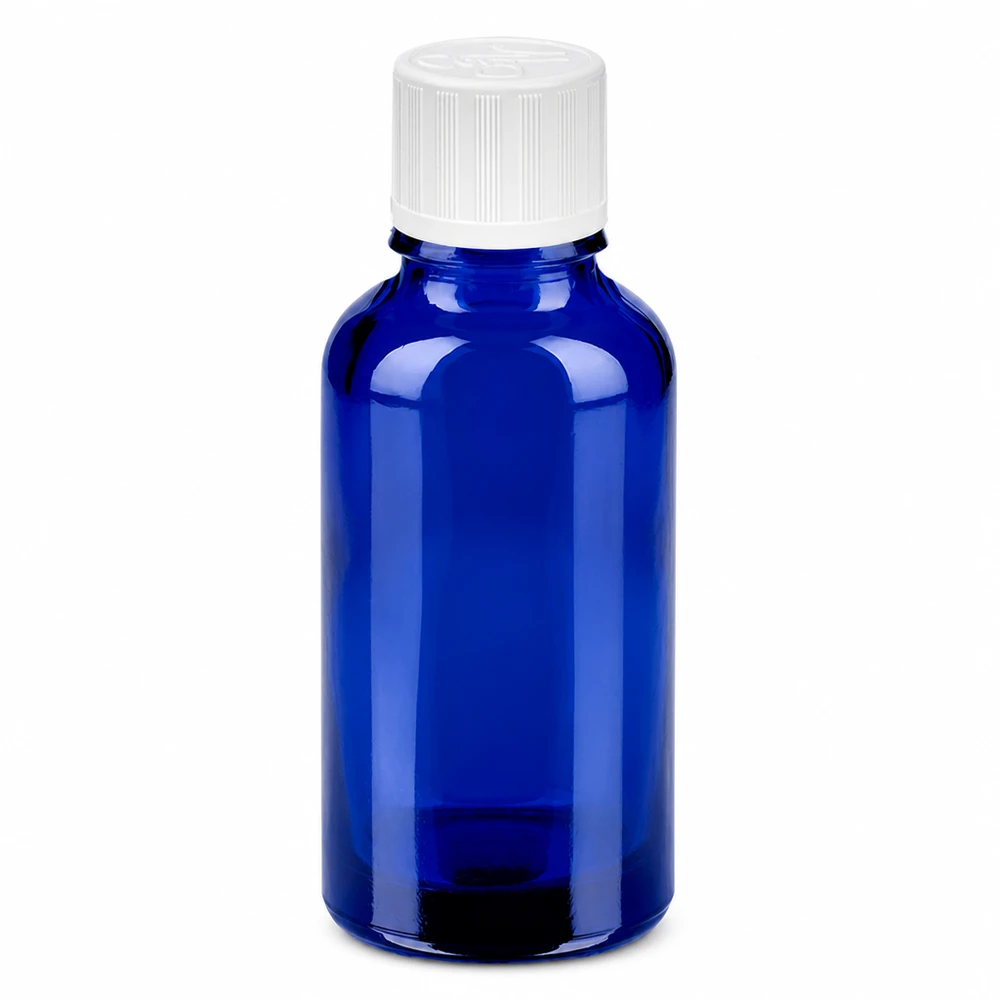 30ml sininen lasipullo valkoisella korkilla eteerisille öljyille ja kosmetiikalle.