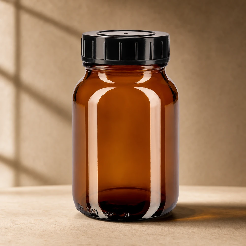 Premium meripihkanvärinen leveäkaulainen lasipullo 250ml, jossa on lapsiturvallinen kierrekorkki lääkekaappiin