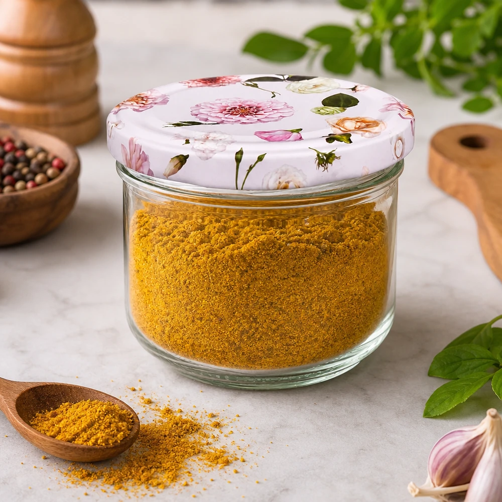 BasicSeal tumblers 260ml kukkakannella, joka on täynnä kurkuma-maustetta - mausteiden säilytys koristeellisessa säilytyspurkissa.