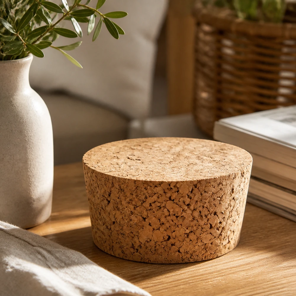 Korkki 40mm aukkoa varten WECK RR40 (ø38/43, H=20mm). WECK korkkitulppa RR40 luonnollinen korkkitulppa puupöydällä, jossa on maljakko ja kirjoja tyylikäs olohuoneen sisustus 40mm avautuva aukko