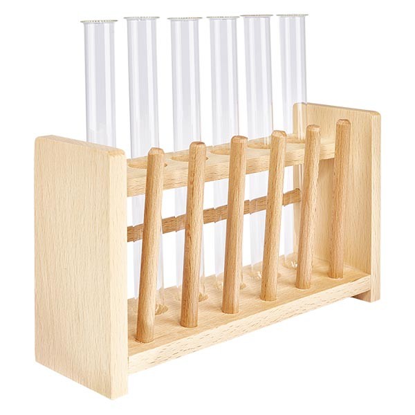 Puinen koeputkiteline, jossa on 6 koeputkea borosilikaatti 160x16 Puinen koeputkiteline, jossa on 6 koeputkea borosilikaatti 160x16