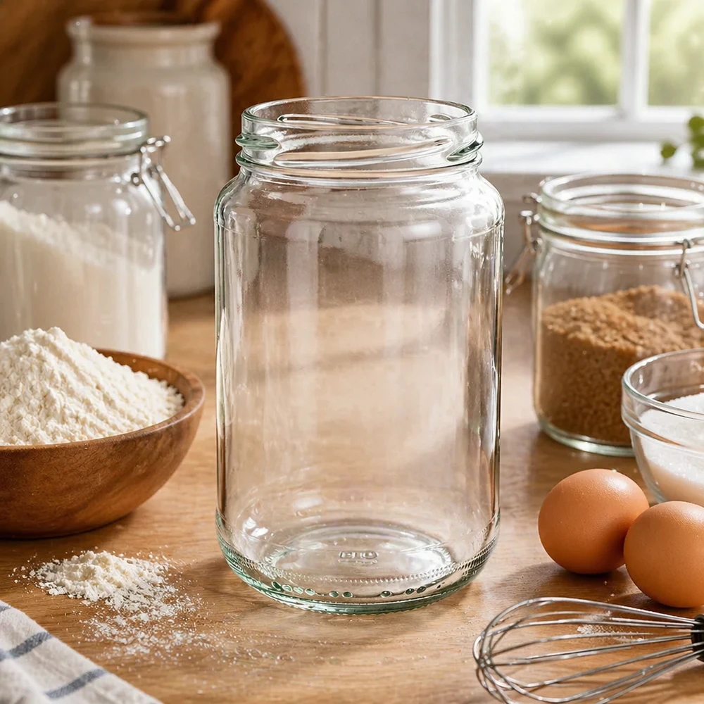 375ml pyöreä purkki ilman kantta (TO63) UNiTWIST UNiTWIST UNiTWIST Runda375 pyöreä purkki keittiössä leivonta-ainesten kanssa jauhot munat ja muut säilytyspurkit keittiövälineinä