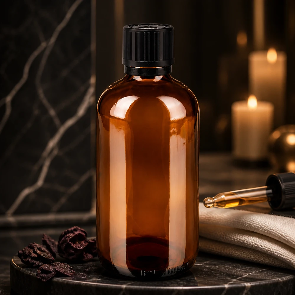 100 ml:n ruskea lasipullo, jossa on musta alkuperäiskorkki ja lapsiturvallinen suljin, marmoritaustalla