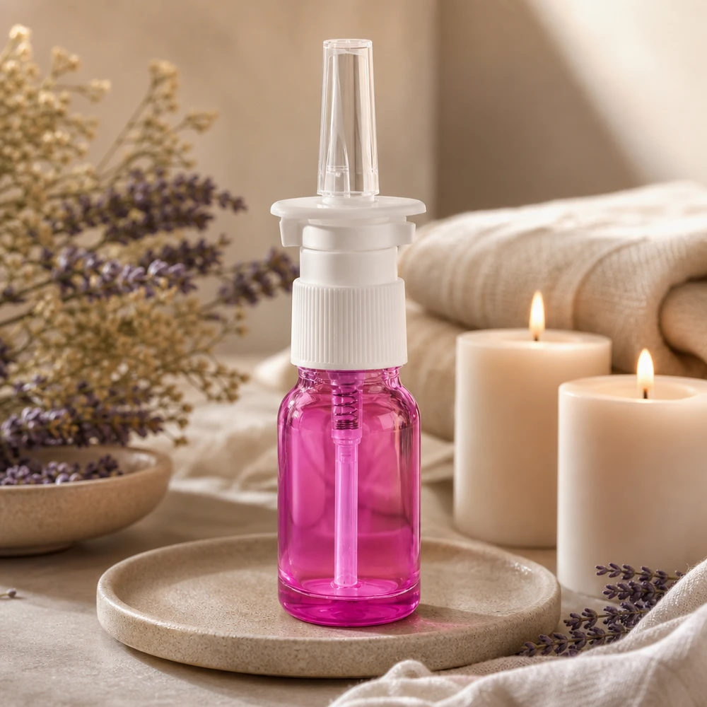 10ml nenäsumutinpullo valkoinen/läpinäkyvä standardi PurpleLine. UT18/10 10 ml:n nenäsumutepullo STD-kierteellä UT18/10 Purple Light -värillä tarkkaa annostelua varten.