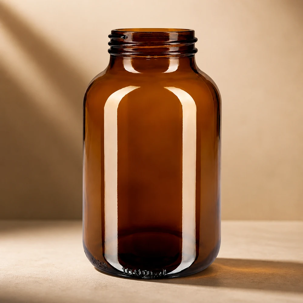 Kestävä 1000ml lasipullo ruskeassa värissä suojaa UV-valolta ja haitallisilta säteilyiltä.