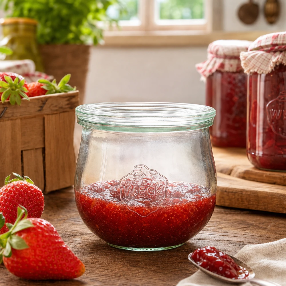 370ml tulppaanipurkki lasikannella WECK RR80 WECK tulppaanipurkki 370ml RR80 täynnä mansikkahilloa maalaismaisessa keittiössä tuoreiden mansikoiden ja säilöntätölkkien vieressä.