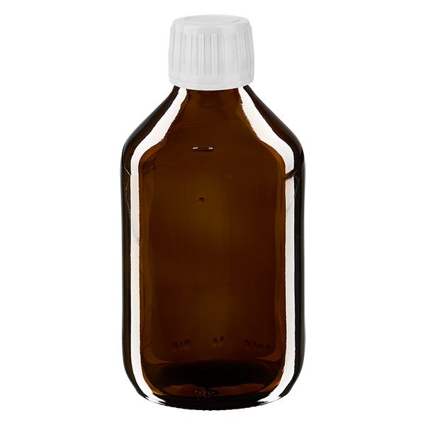 250ml lääkepullo ruskea, valkoinen korkki, jossa on väärentämisen estävä rengas ApoGlas 250ml lääkepullo ruskea, valkoinen korkki, jossa on väärentämisen estävä rengas ApoGlas