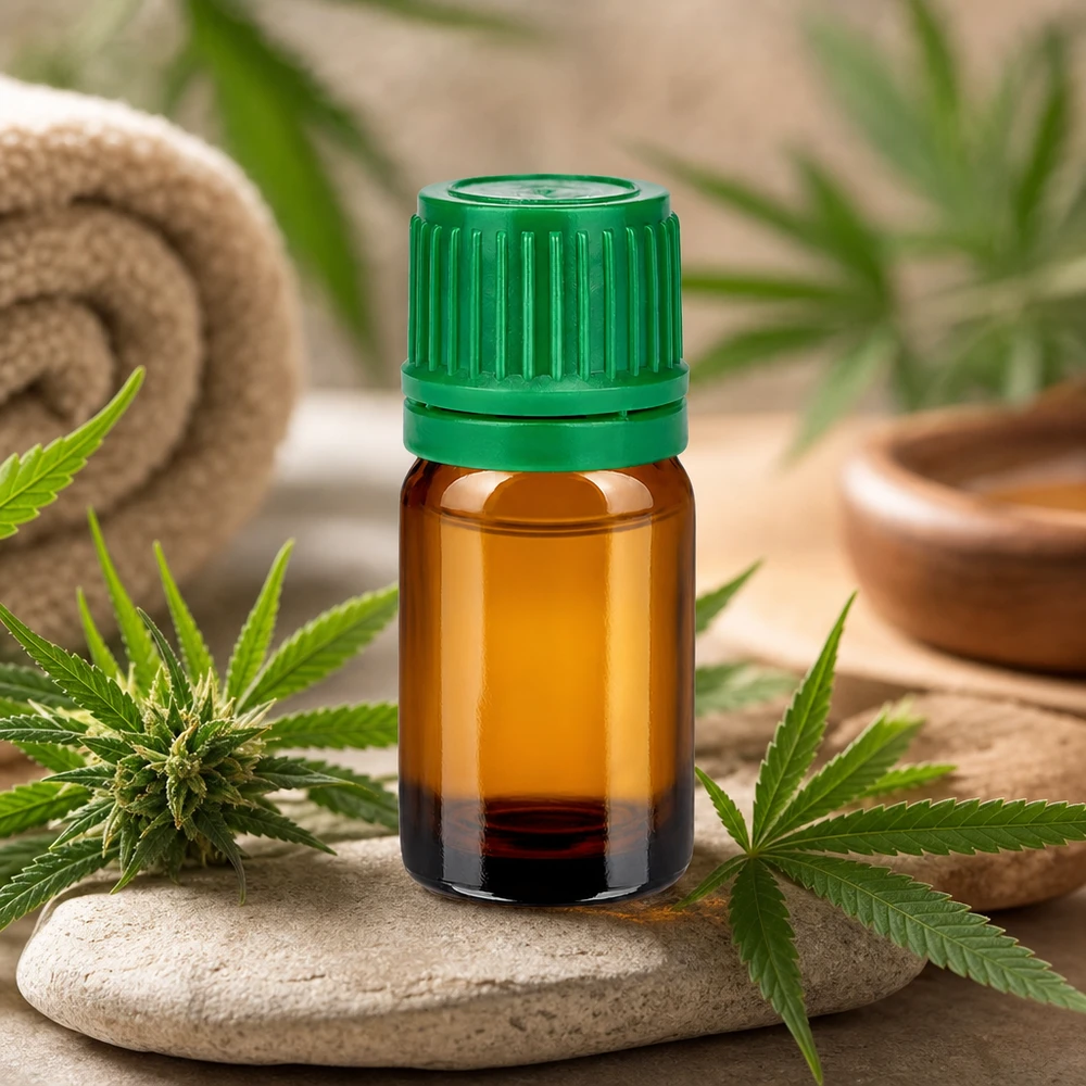5ml meripihkanvärinen lasi apteekkipullo, jossa on vihreä korkki turvalliseen säilytykseen.