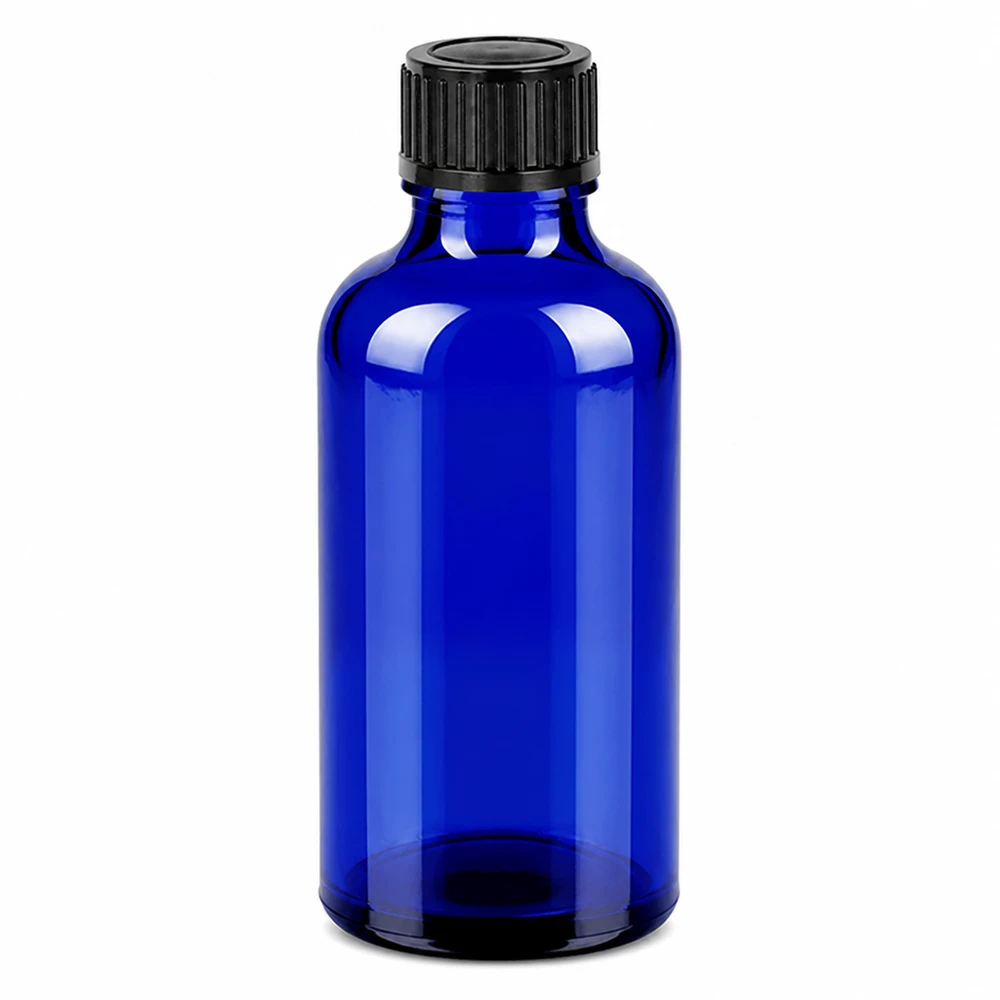 50ml pullo 11mm kierrekorkki musta väärentämisen estävä korkki BlueLine UT18/50 50ml sininen lasipullo mustalla ruuvikorkilla kosmetiikkaan ja lääkkeille
