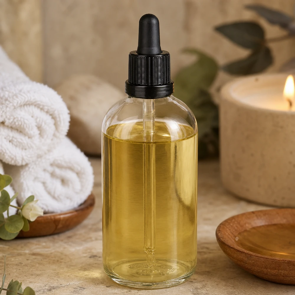 100 ml:n pipettipullo musta väärentämisen estävä suljin ClearLine UT18/100 Kultaisenvärinen hoitoöljy 100 ml:n kirkkaassa lasipipettipullossa ClearLine UT18 Spa Ambiente